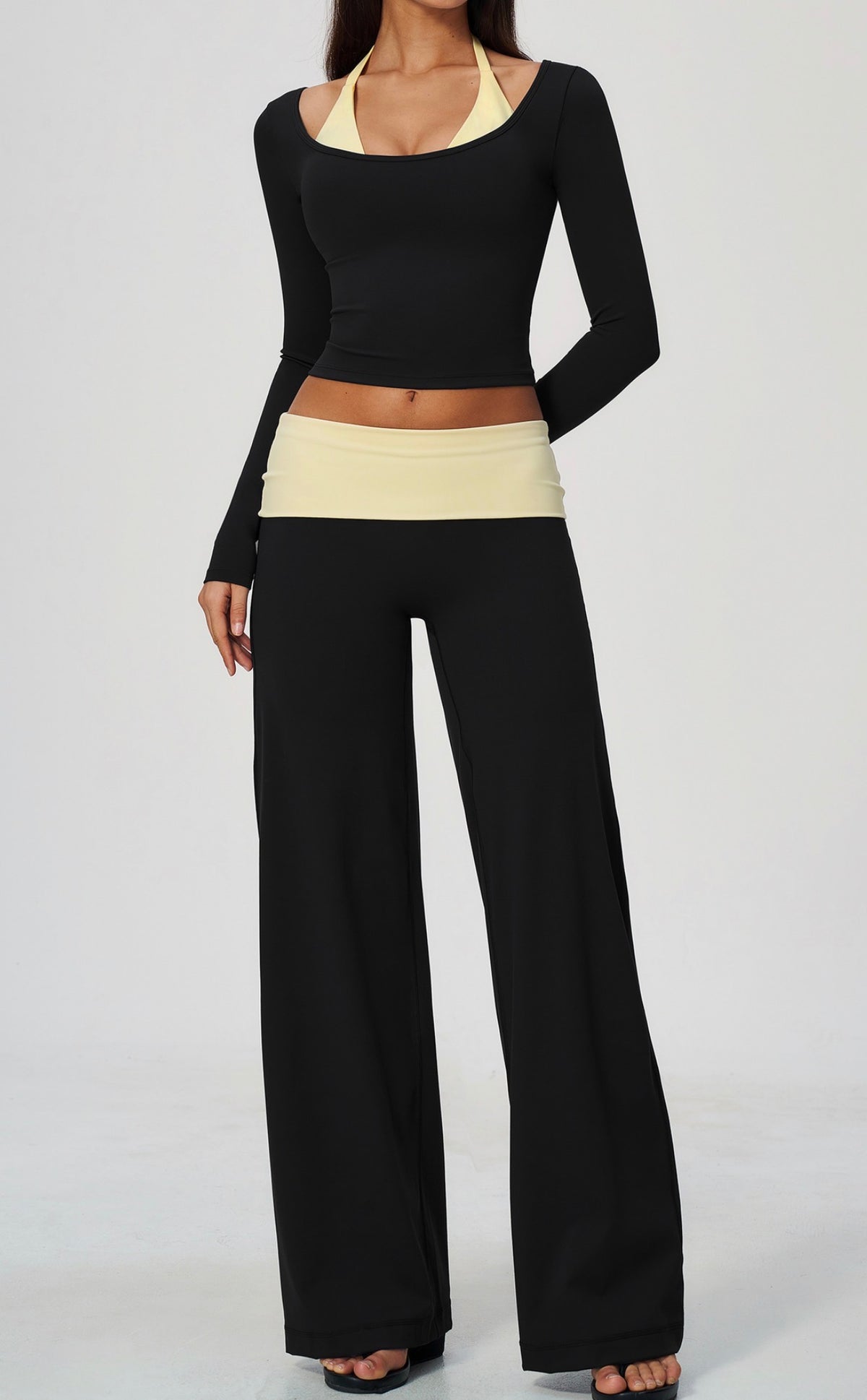 Contrast Fold Over Wide-Leg Pants