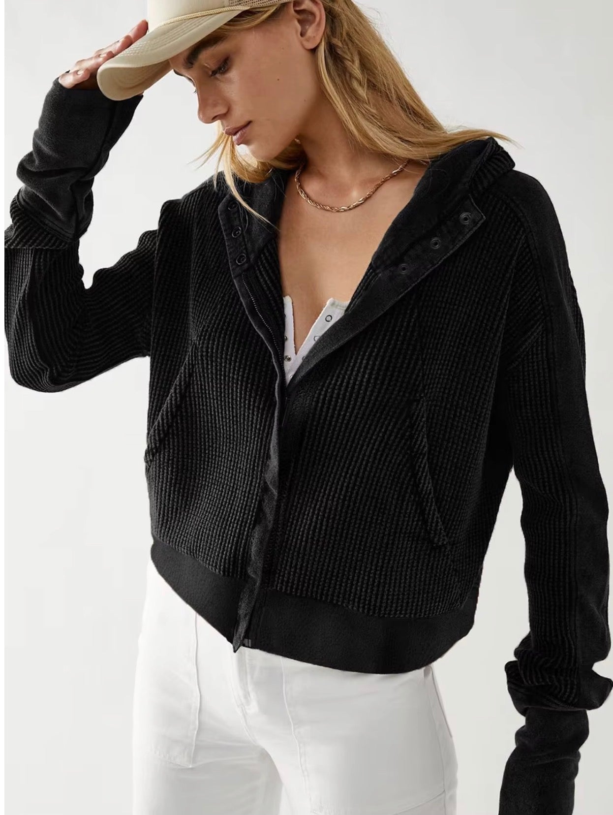 Waffle Knit Hooded Cardigan