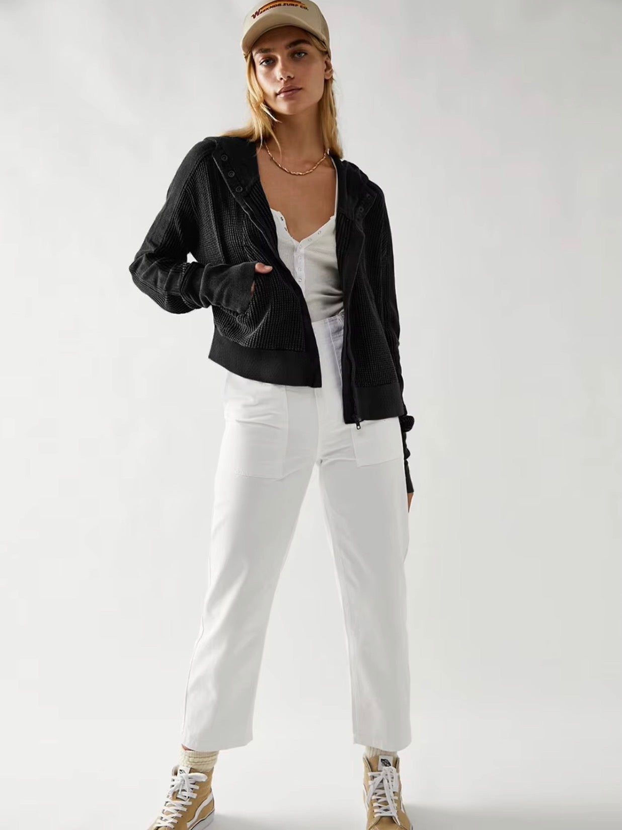 Waffle Knit Hooded Cardigan