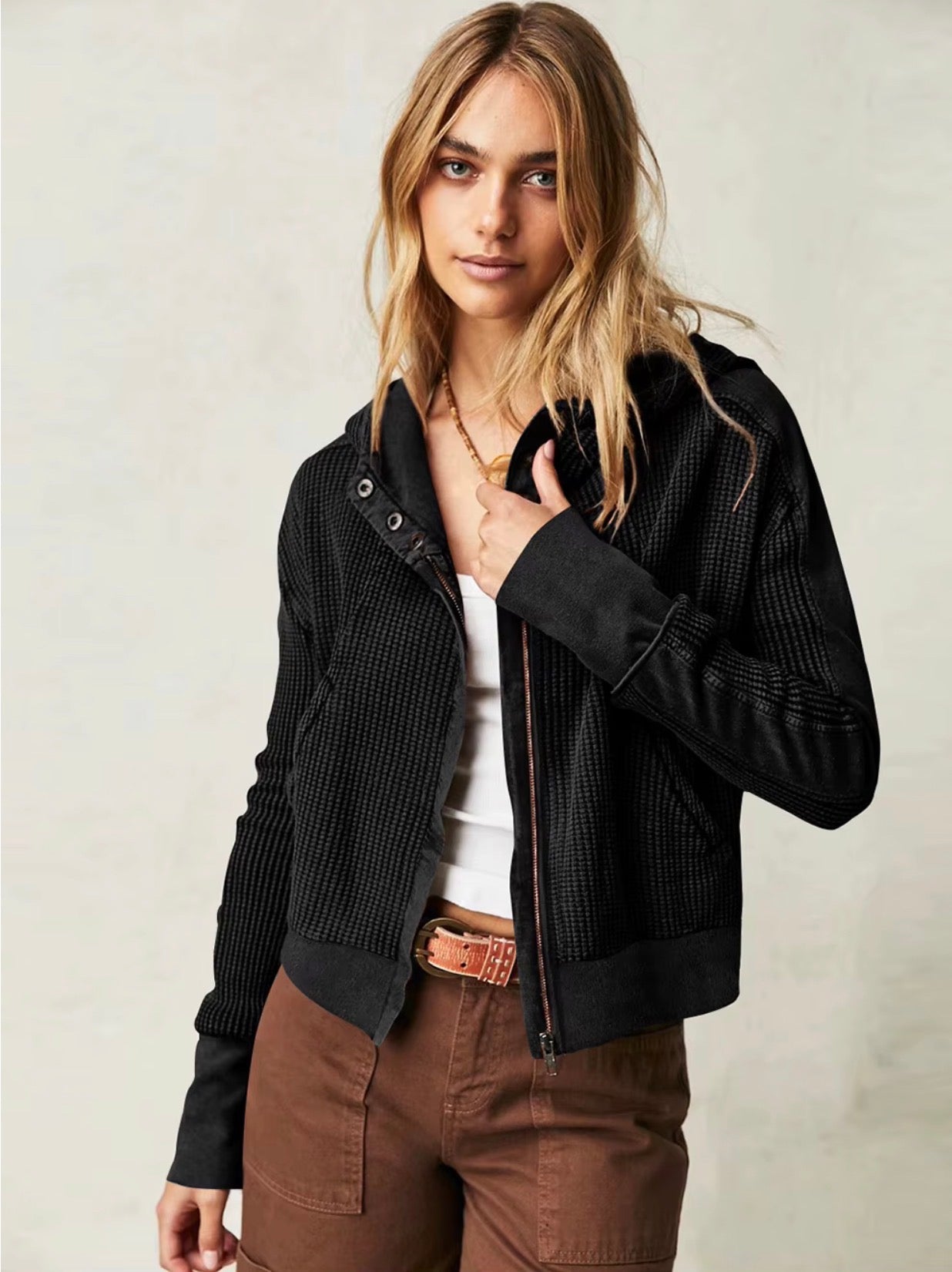 Waffle Knit Hooded Cardigan