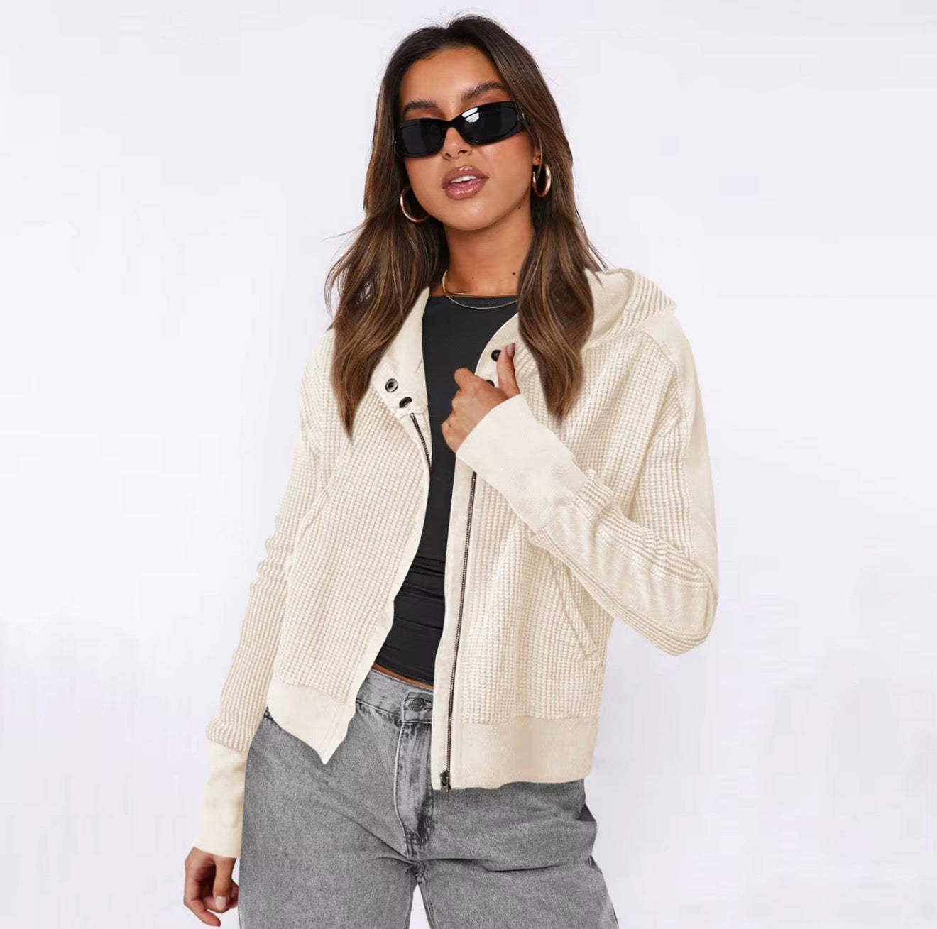 Waffle Knit Hooded Cardigan