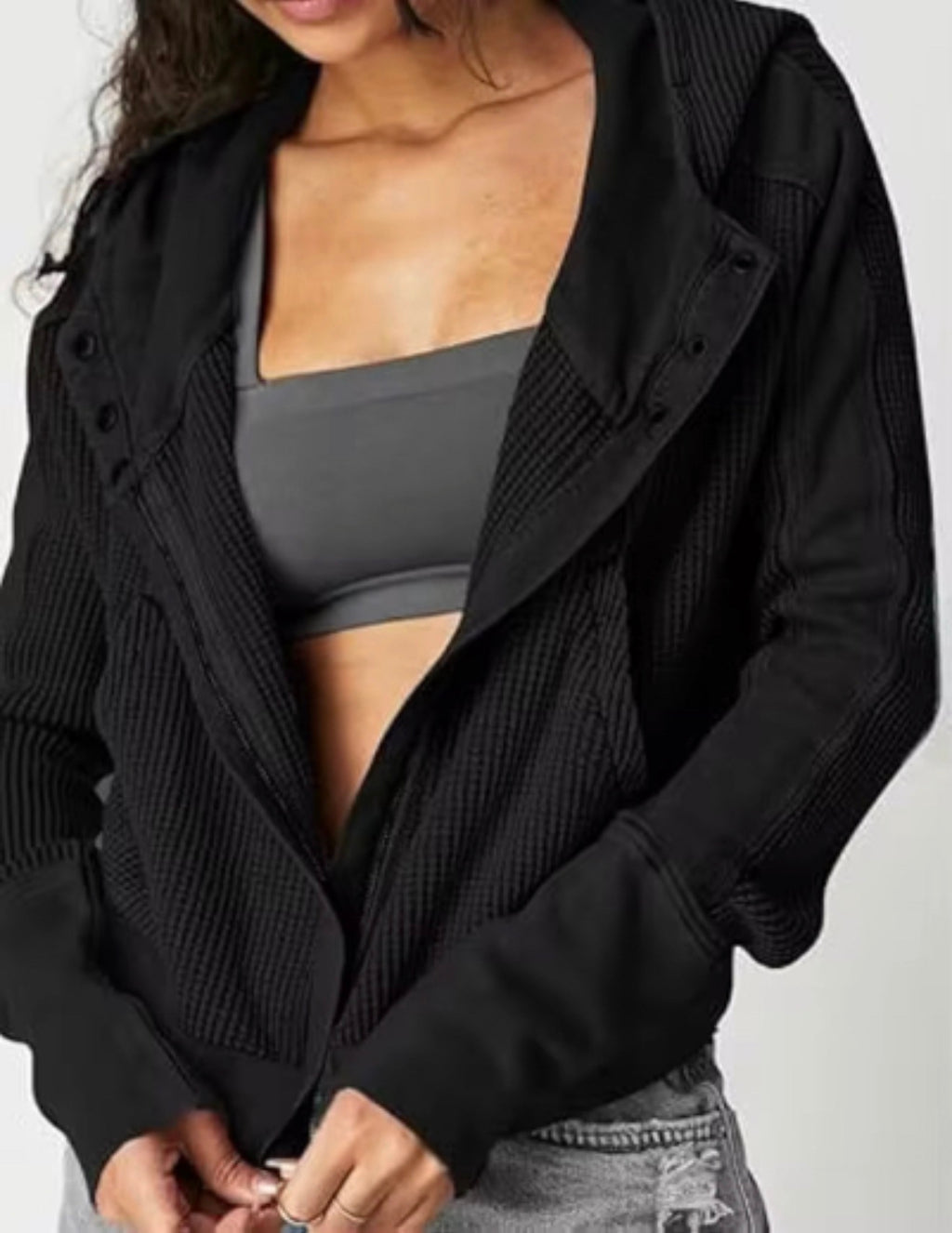 Waffle Knit Hooded Cardigan