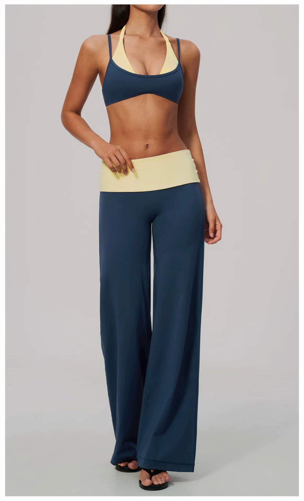 Contrast Fold Over Wide-Leg Pants