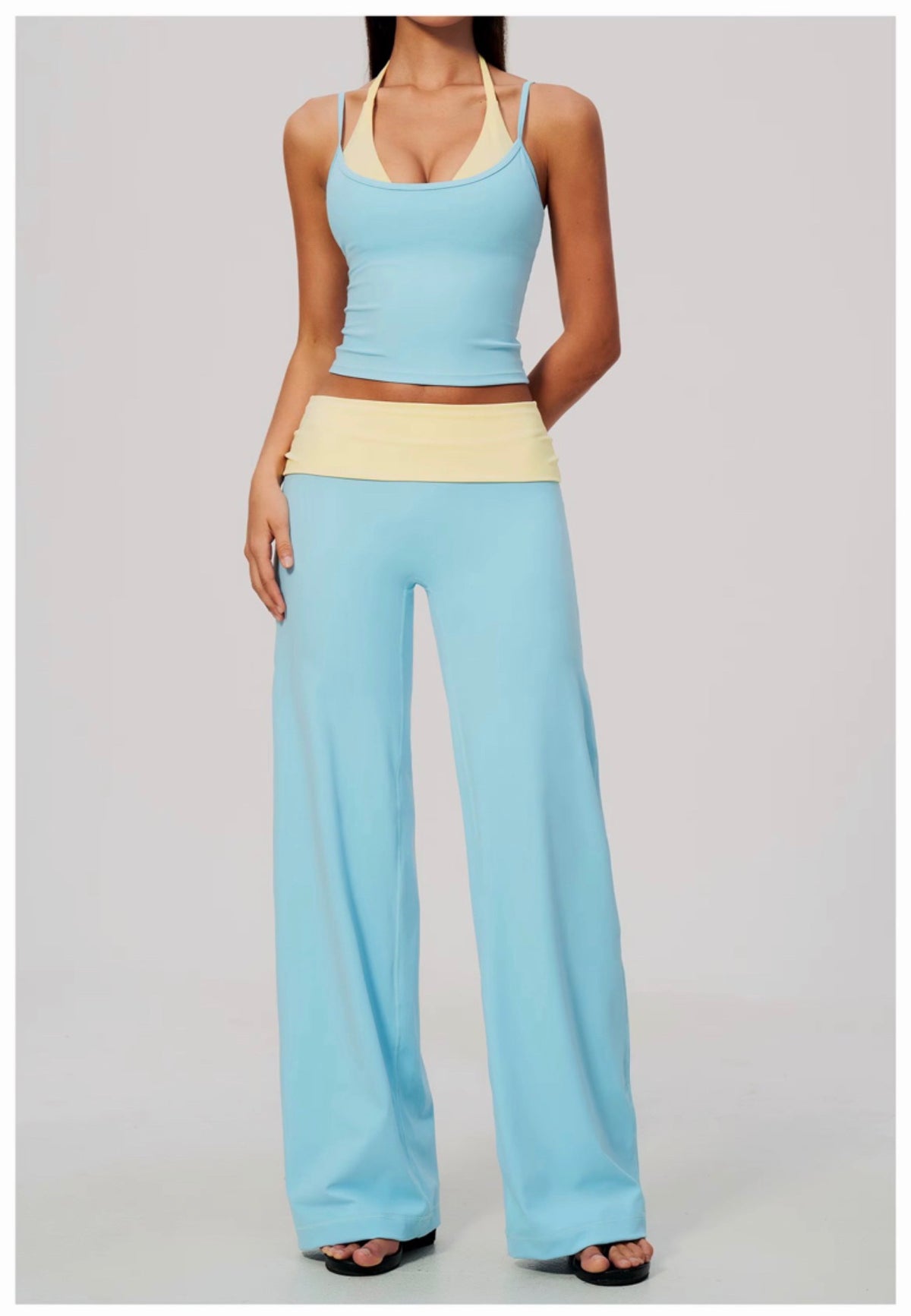 Contrast Fold Over Wide-Leg Pants